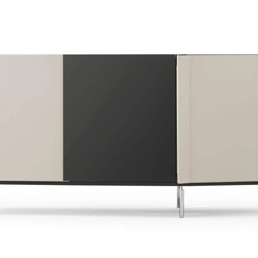 Innovative Turri Zenit sideboard with curved leather doors, a dark gray wood panel, and slender chrome legs with a glossy finish