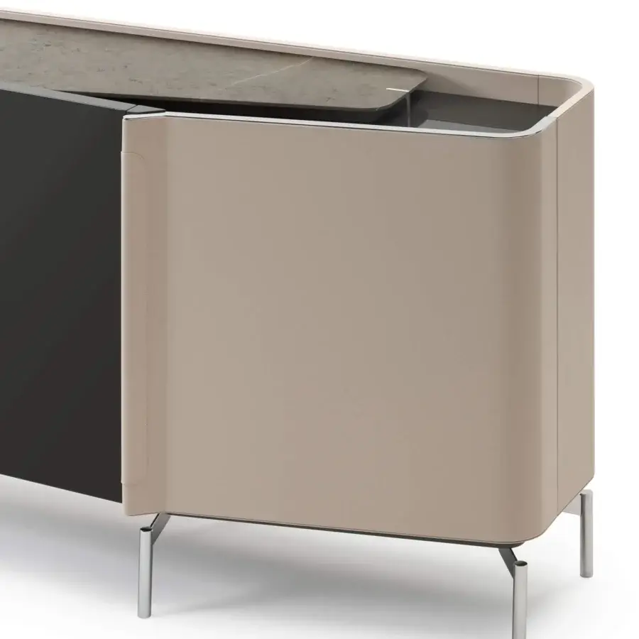 Elegant Turri Zenit sideboard with light beige finish, dark gray doors and a stone-like composite double top built with overlapping layers
