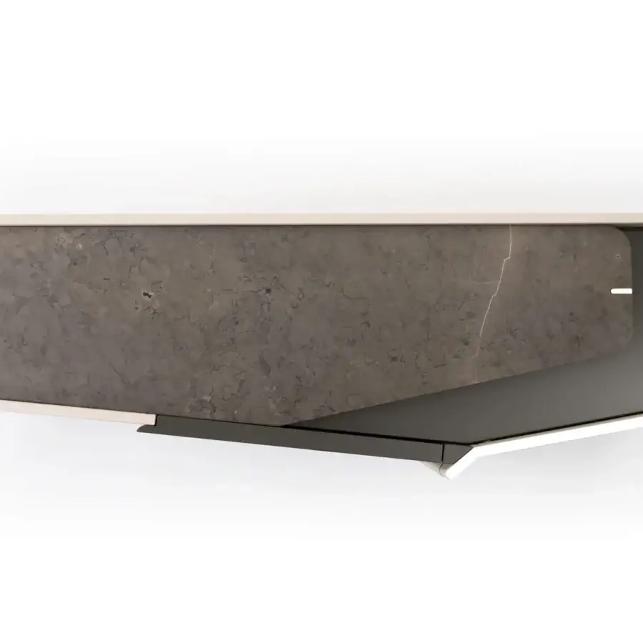 Innovative Turri Zenit sideboard with curved leather doors, a wood panel, and a gray marble-effect slab with glossy metal trim