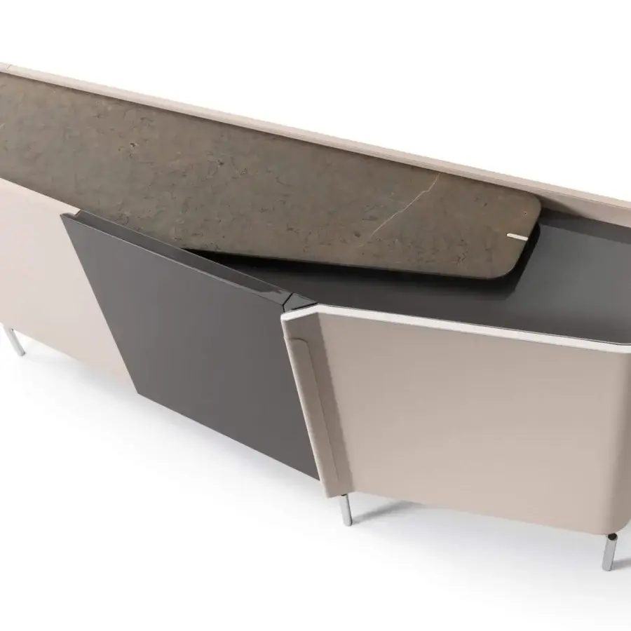 Superior Turri Zenit sideboard with curved beige leather doors, a central wood panel, and speckled brown top