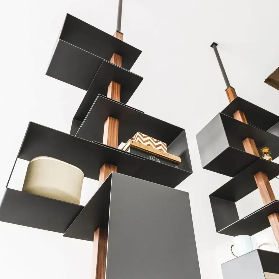 Exceptional Cattelan Italia Tokyo bookcase with black embossed lacquered steel shelves and Canaletto walnut inserts