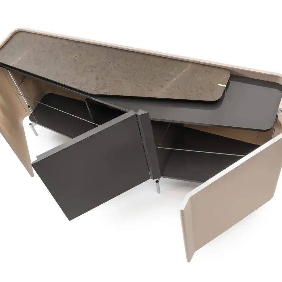 Distinguished Turri Zenit sideboard with curved beige leather doors, a central wood element, and double marble-veined stone top in dark gray and brown