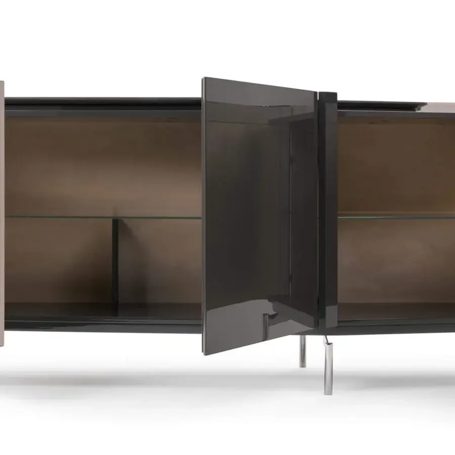 Innovative Turri Zenit sideboard with glossy dark wood, matte light beige leather, and a double wood-marble top