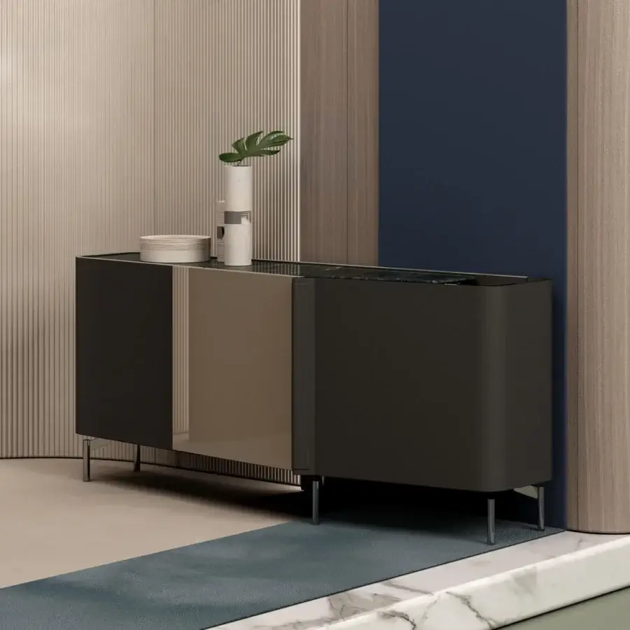 Exceptional Turri Zenit sideboard with curved leather doors, a wood panel, and a double top built with wood and dark marble surfaces