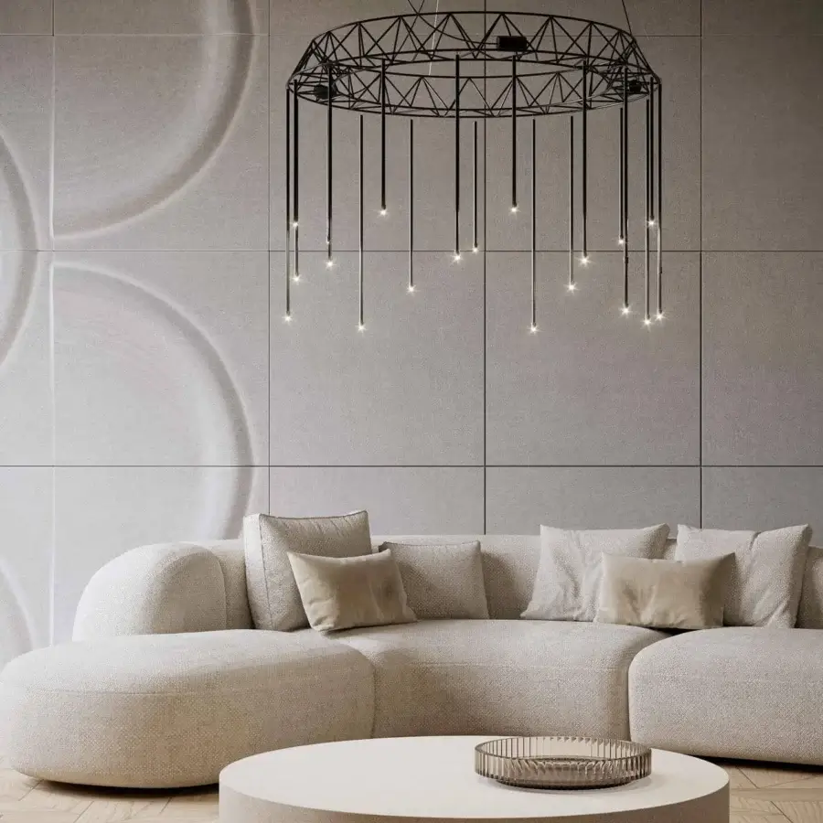 Exceptional Stillux Flow suspension lamp with a cage-like metal framework supporting numerous thin pendants and integrated LED light sources