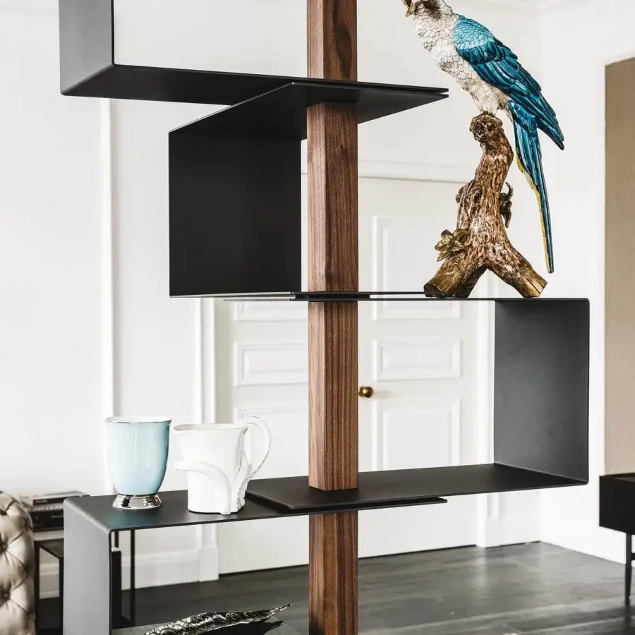 Captivating Cattelan Italia Tokyo bookcase with black embossed lacquered steel and Canaletto walnut column