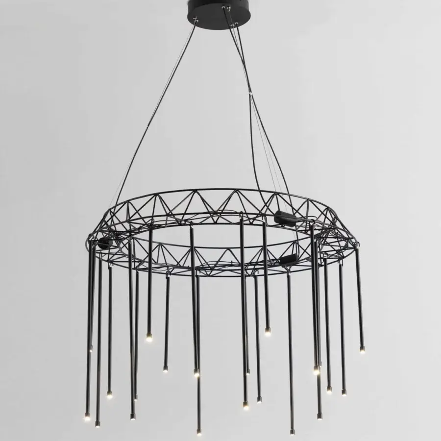 Superior Stillux Flow suspension lamp with a circular cage-like design and cascading cylindrical LED rods in matte black metal
