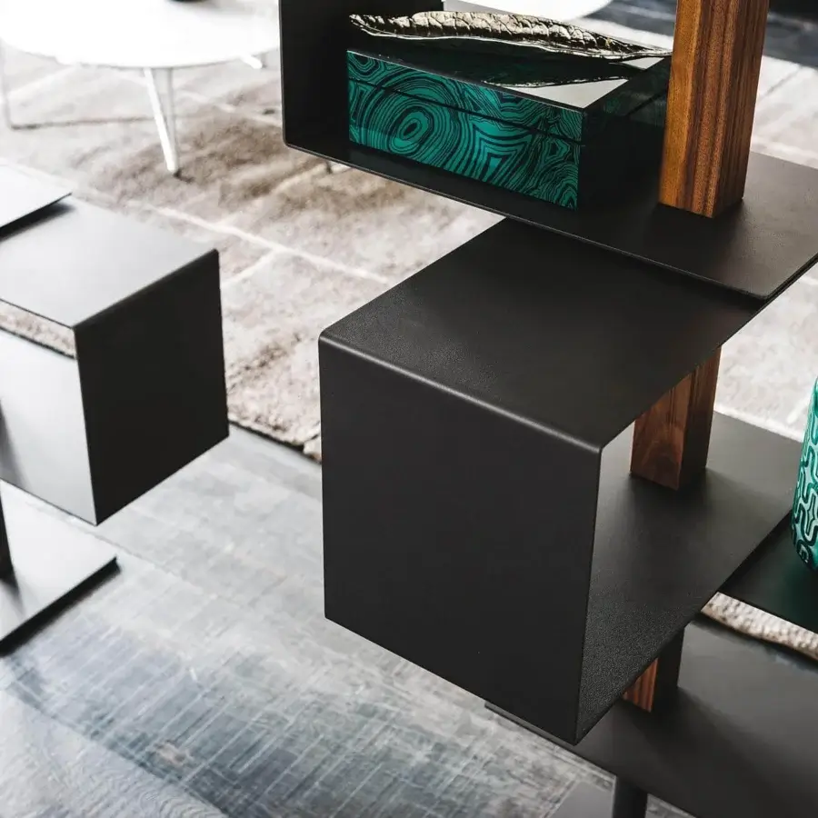 Superior Cattelan Italia Tokyo bookcase with graphite embossed lacquered steel and Canaletto walnut supports