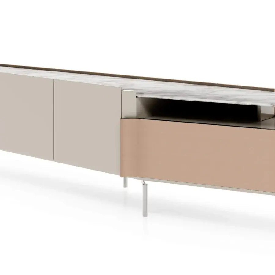 Elegant Turri Zenit TV stand with glossy lacquered wood doors, a curved leather drawer and a marble-like top supported by thin metal legs