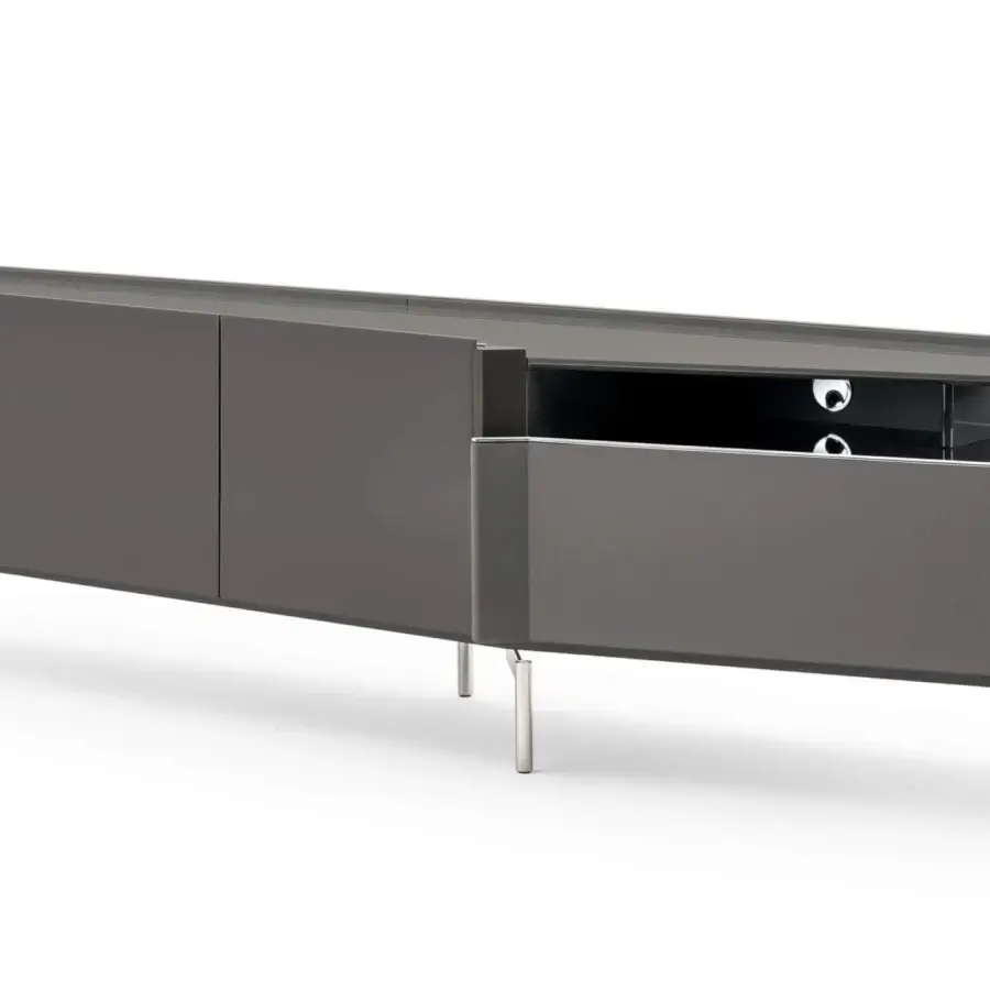 Distinguished Turri Zenit TV stand with glossy gray doors, a curved leather drawer, and light metal legs built with a wooden top