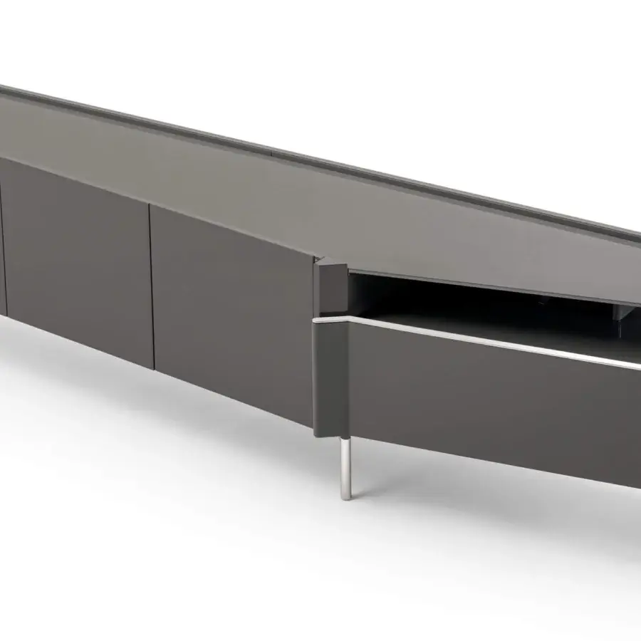 Innovative Turri Zenit TV stand in medium grey glossy lacquered wood with a curved leather drawer and thin metal legs