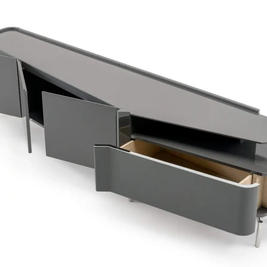 Superior Turri Zenit TV stand in medium gray glossy lacquered wood with metal legs and a curved leather drawer