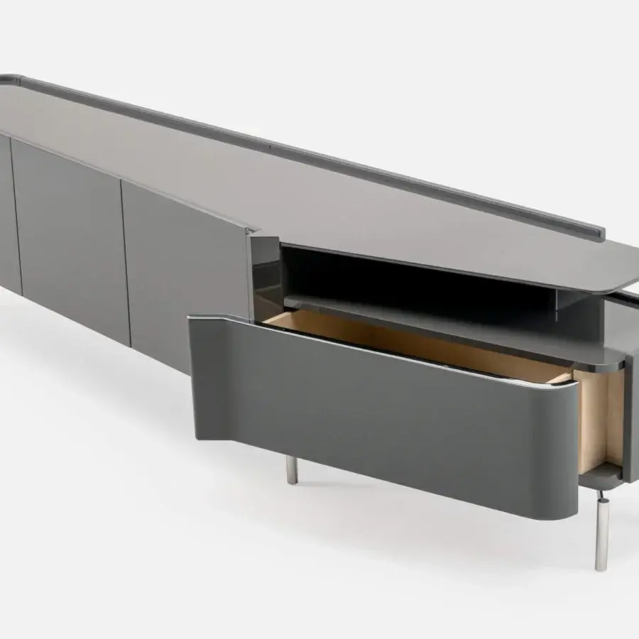 Elegant Turri Zenit TV stand in glossy gray lacquered wood crafted with a curved leather drawer and open shelf supported by metal legs