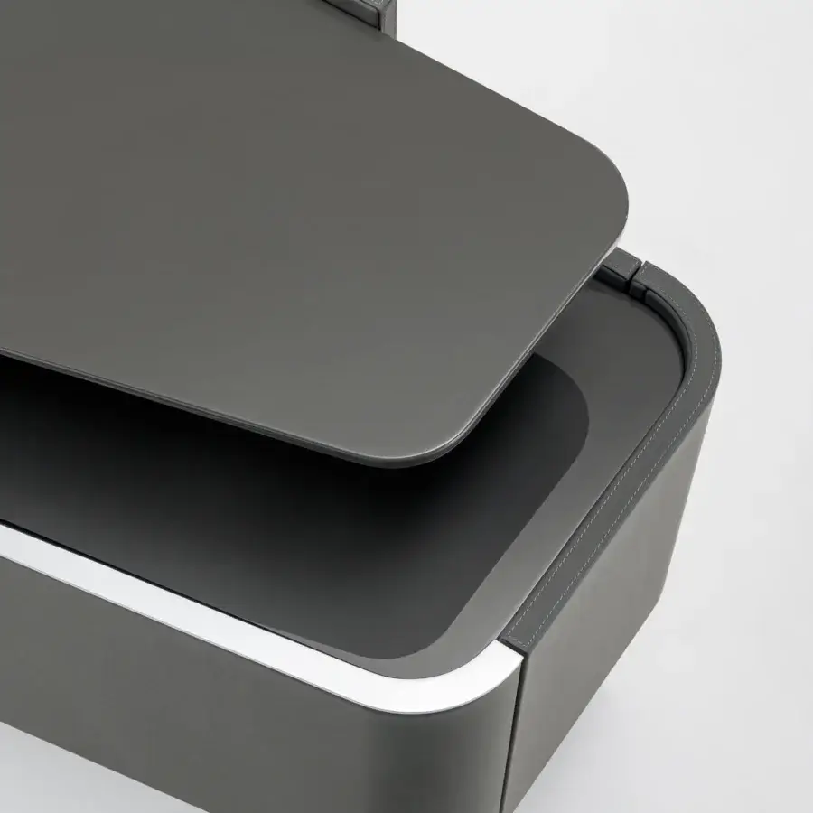 Distinguished Turri Zenit TV stand in medium gray glossy lacquered wood crafted with a curved leather drawer and thin metal legs