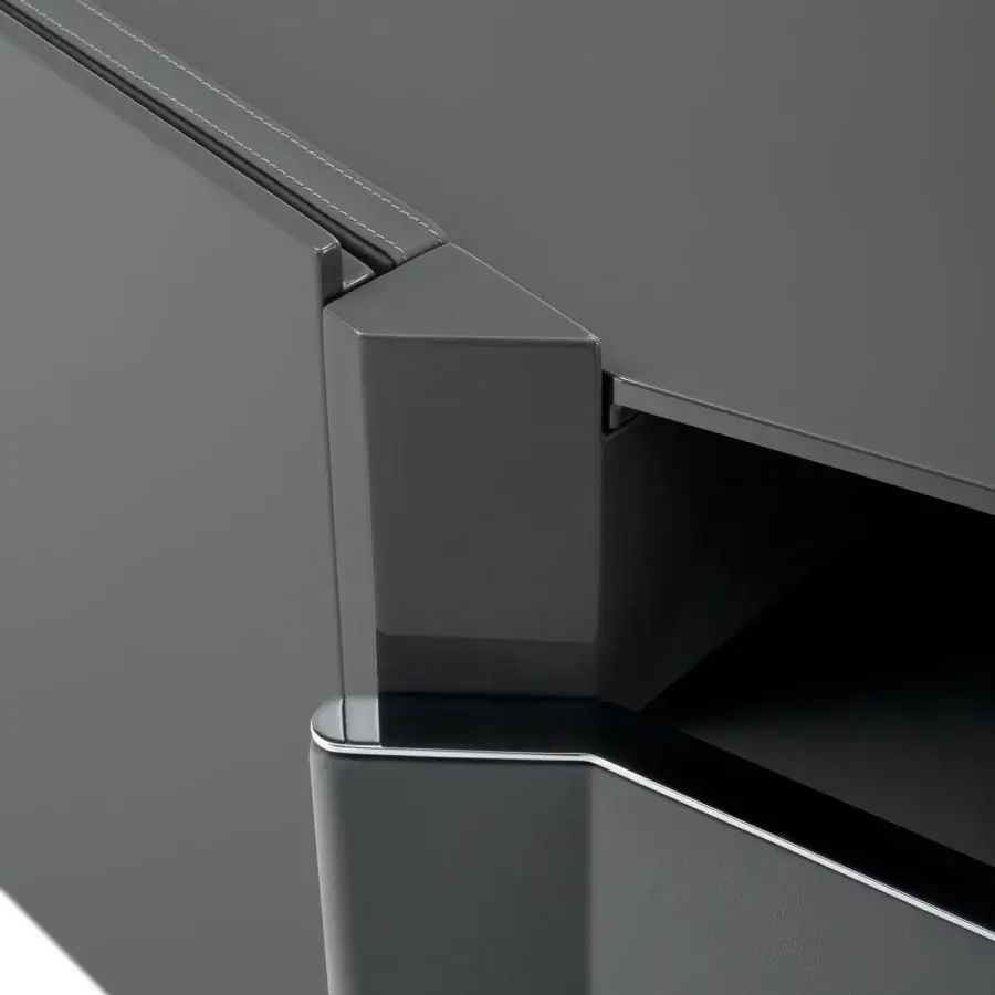 Superior Turri Zenit TV stand with glossy lacquered wood and textured gray leather drawer built with light metal legs