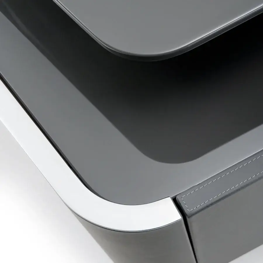 Innovative Turri Zenit TV stand with curved gray leather drawer and glossy lacquered gray wood legs crafted in Italy