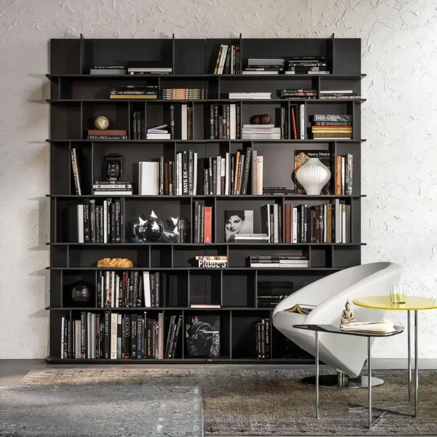 Distinguished Cattelan Italia Wally bookcase crafted in graphite lacquered embossed MDF with geometric rectangular compartments