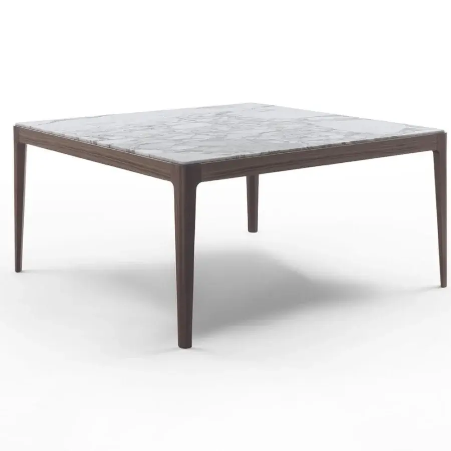 Exceptional Porada Ziggy table with White Calacatta Gold marble top and Canaletta walnut frame exhibiting Moka stained finish