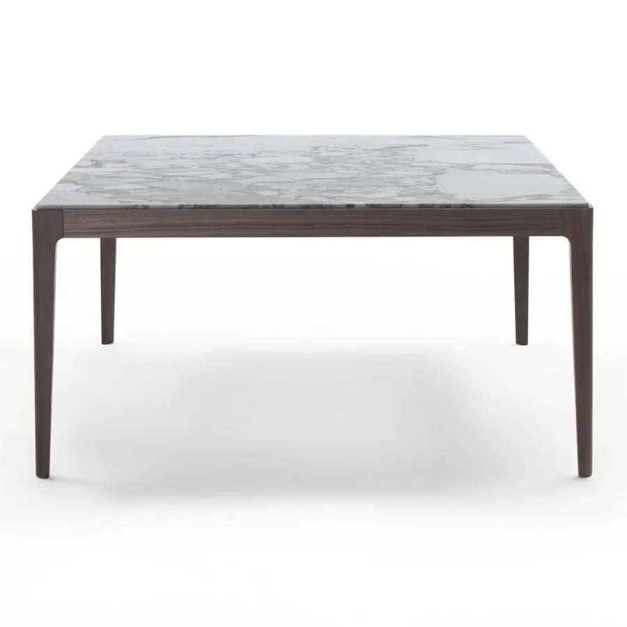 Elegant Porada Ziggy table crafted in Canaletto walnut with a Black Marquinia marble top exhibiting striking modern aesthetics
