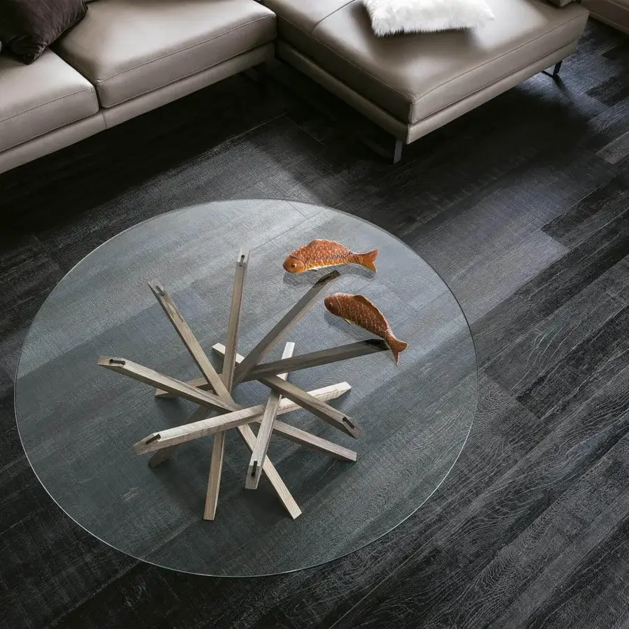 Superior Cattelan Italia Atari coffee table with clear glass top and solid Canaletto walnut starburst base