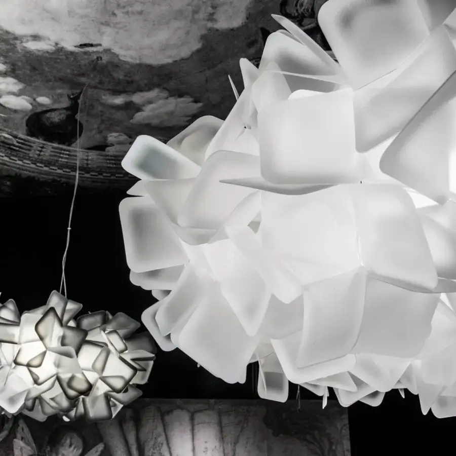 Distinguished Slamp Clizia suspension lamp crafted in white Opalflex® with a captivating geometric design made in Italy