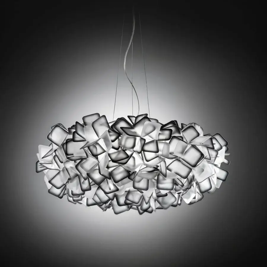Elegant Slamp Clizia suspension lamp crafted from interlocking squares of Opalflex® in blended white and grey finish