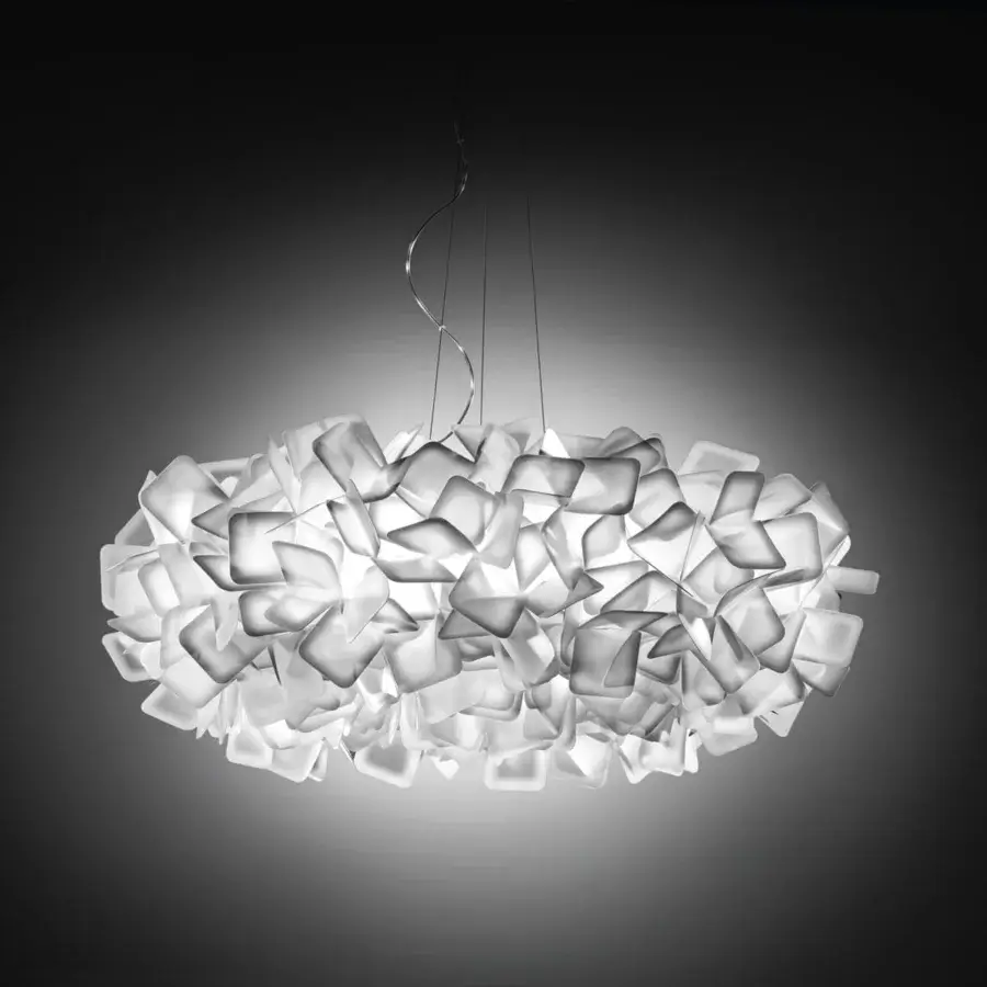 Exceptional Slamp Clizia suspension lamp handcrafted in bright white Opalflex® with overlapping petal-like components for soft light diffusion