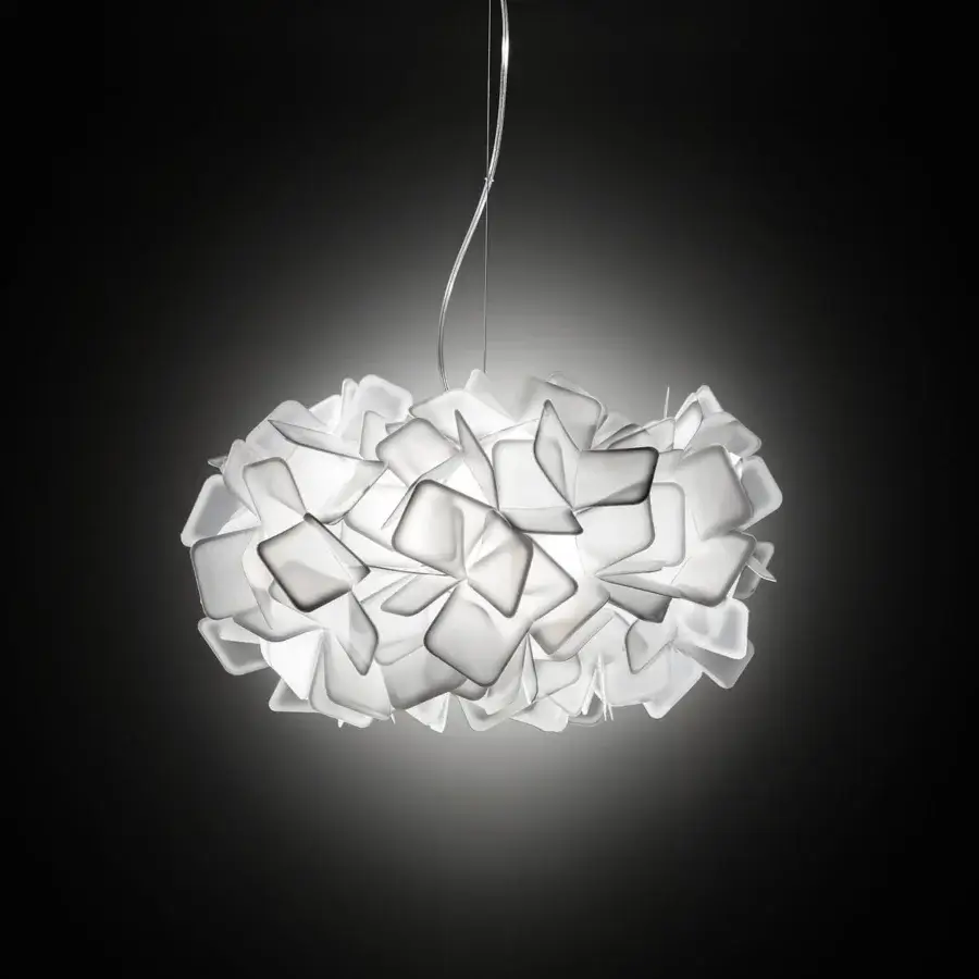 Superior Slamp Clizia suspension lamp crafted from layered squares of white Opalflex® with soft, sinuous lines