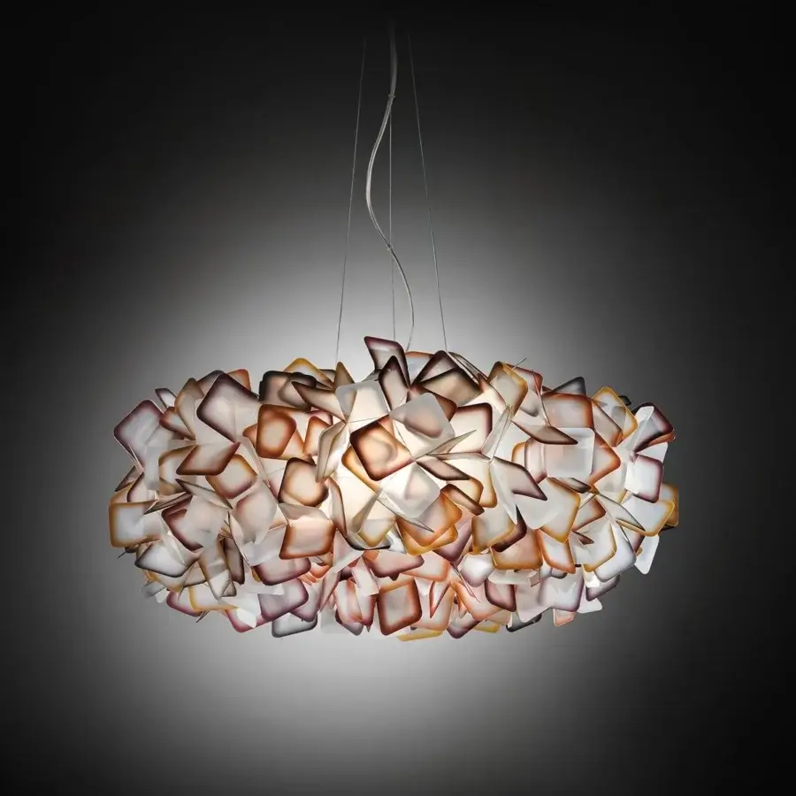 Elegant Slamp Clizia suspension lamp with irregular form crafted from whites, creams, ambers, and browns Opalflex® material