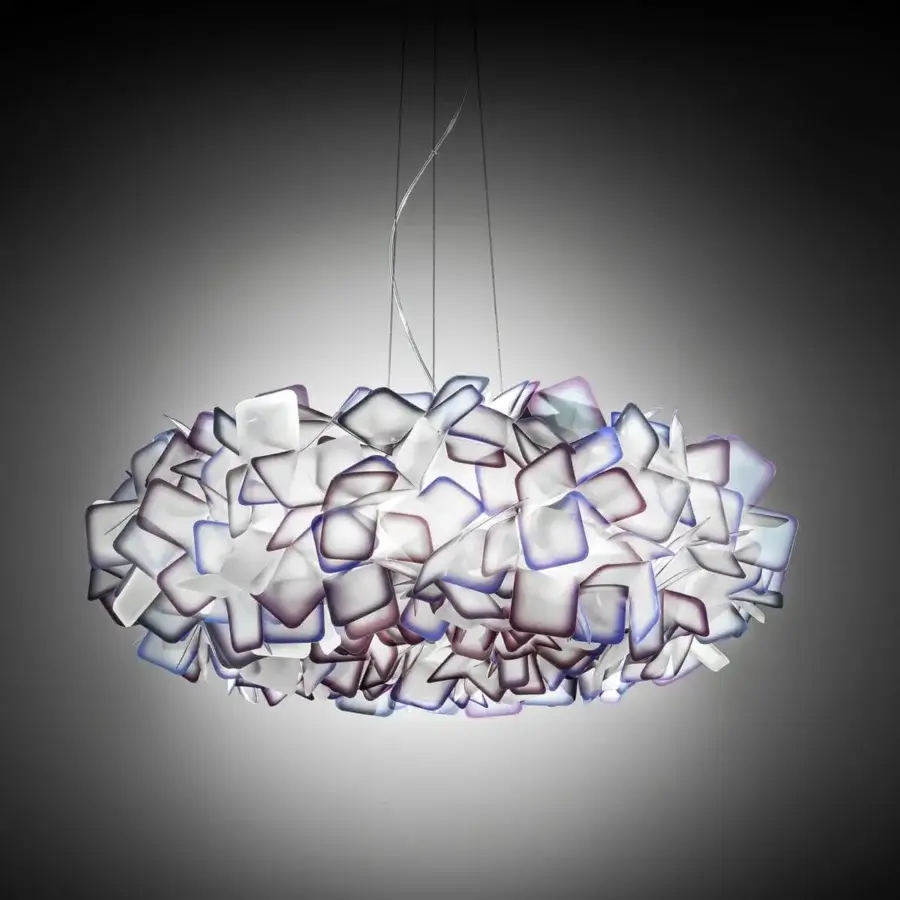 Exceptional Slamp Clizia suspension lamp with translucent white squares and purple blue gradients crafted from Opalflex®