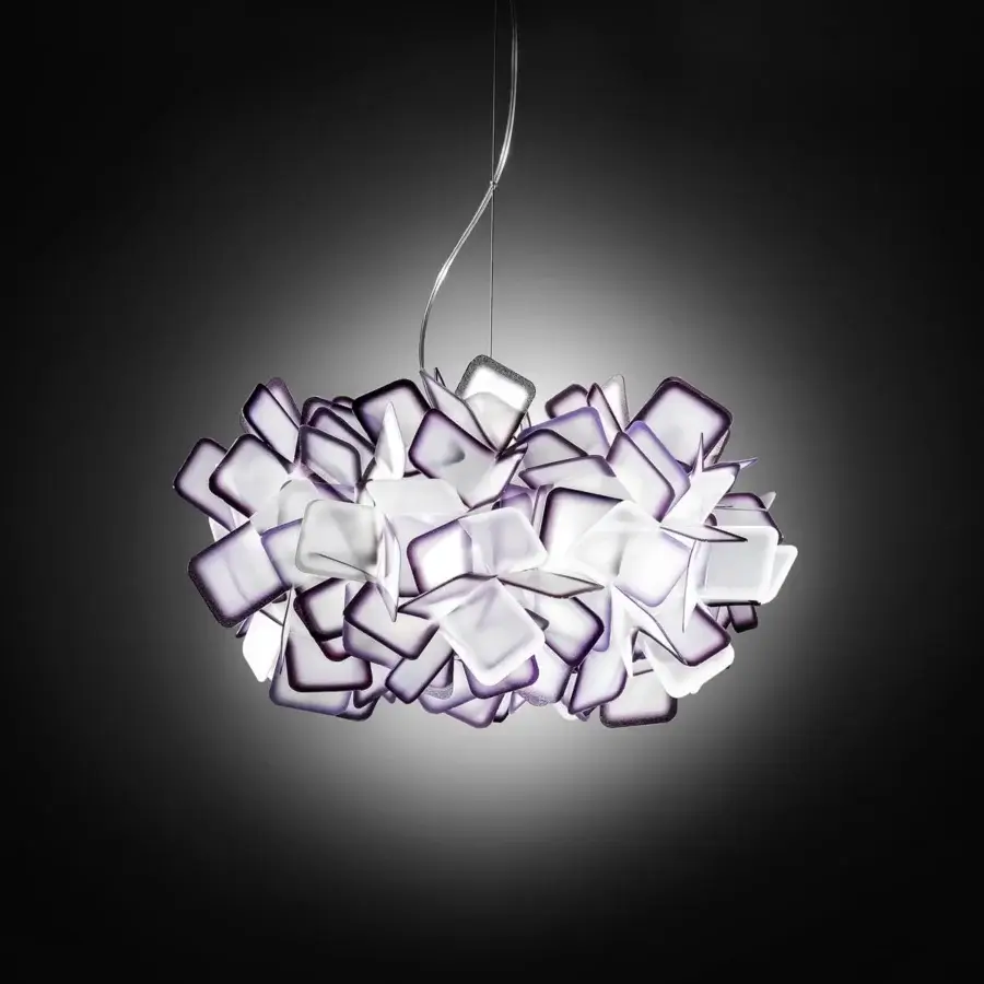 Superior Slamp Clizia suspension lamp with irregular, cloudlike form crafted from white Opalflex® outlined in purple