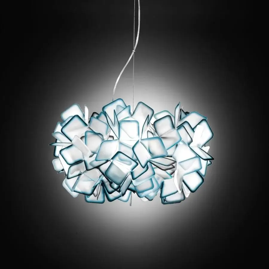Elegant Slamp Clizia suspension lamp with a cloudlike structure built from translucent white rhombus shapes and cool blue outlines