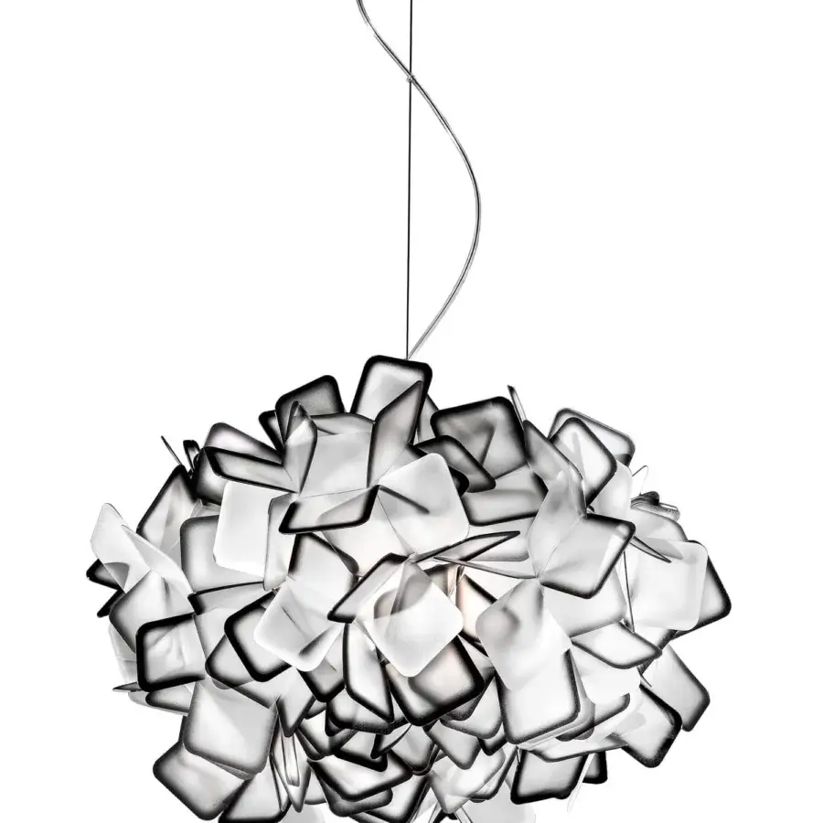 Distinguished Slamp Clizia suspension lamp crafted in Italy with interwoven squares of Opalflex® and a milky white gradient finish