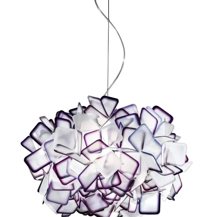 Superior Slamp Clizia suspension lamp showcasing interwoven squares of translucent white Opalflex® with glossy purple edges