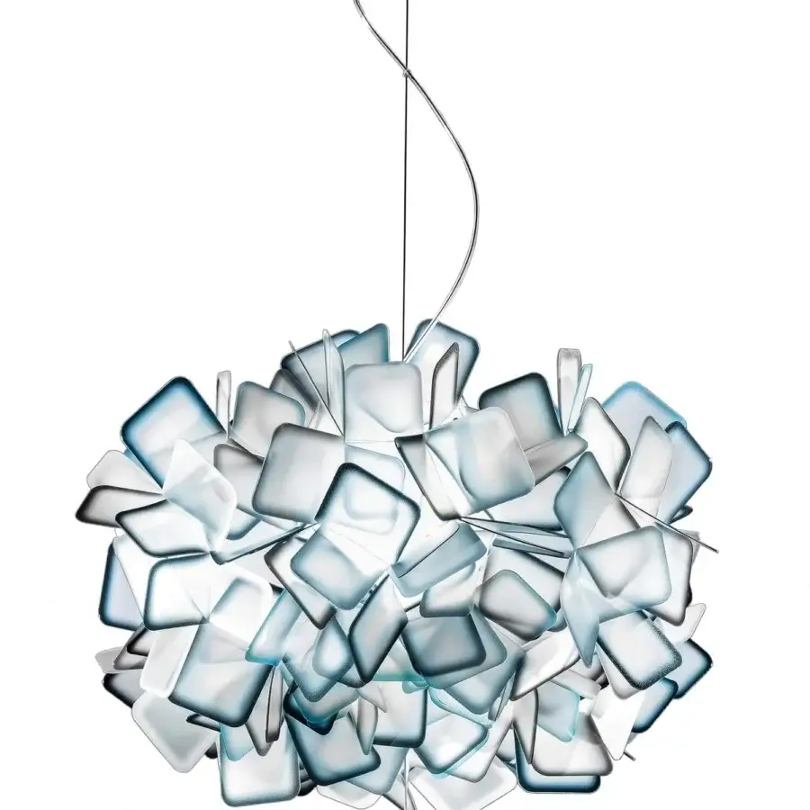 Distinguished Slamp Clizia suspension lamp crafted in translucent white Opalflex® with subtle blue-gray shading and interwoven square construction