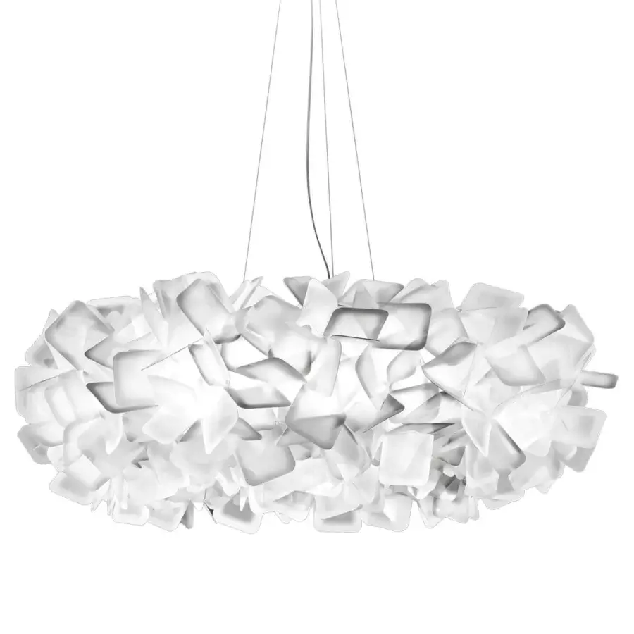 Elegant Slamp Clizia suspension lamp crafted from bright white Opalflex® with an irregular interwoven texture