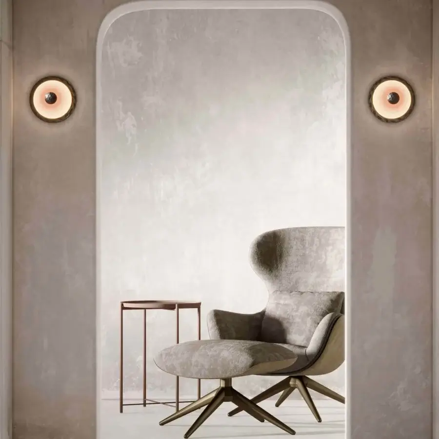 Elegant Stillux Orbis wall lamp crafted in hammered metal with hand-worked white glass diffuser emitting soft ambient glow