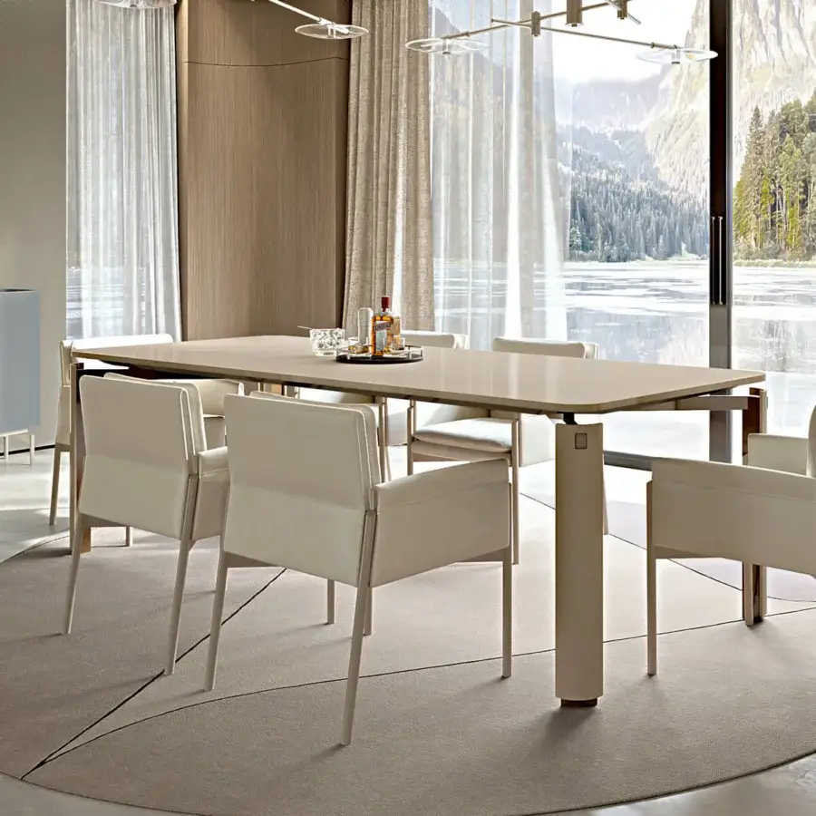 Distinguished Turri Zenit table with glossy lacquered wood and cylindrical legs crafted in glossy lacquered metal