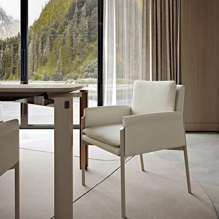 Superior Turri Zenit table with light-toned matte top and light beige glossy lacquered wooden shells built on a glossy metal structure