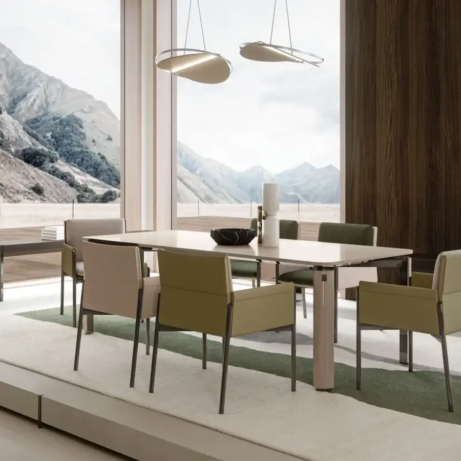 Distinguished Turri Zenit table with light-colored matte top and glossy lacquered metal structure with wooden shells