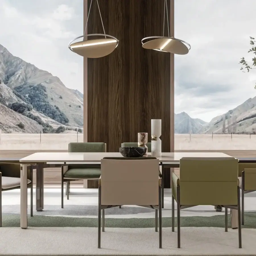 Exceptional Turri Zenit table with light-colored tabletop and glossy lacquered metal legs with wooden shells crafted in Italy