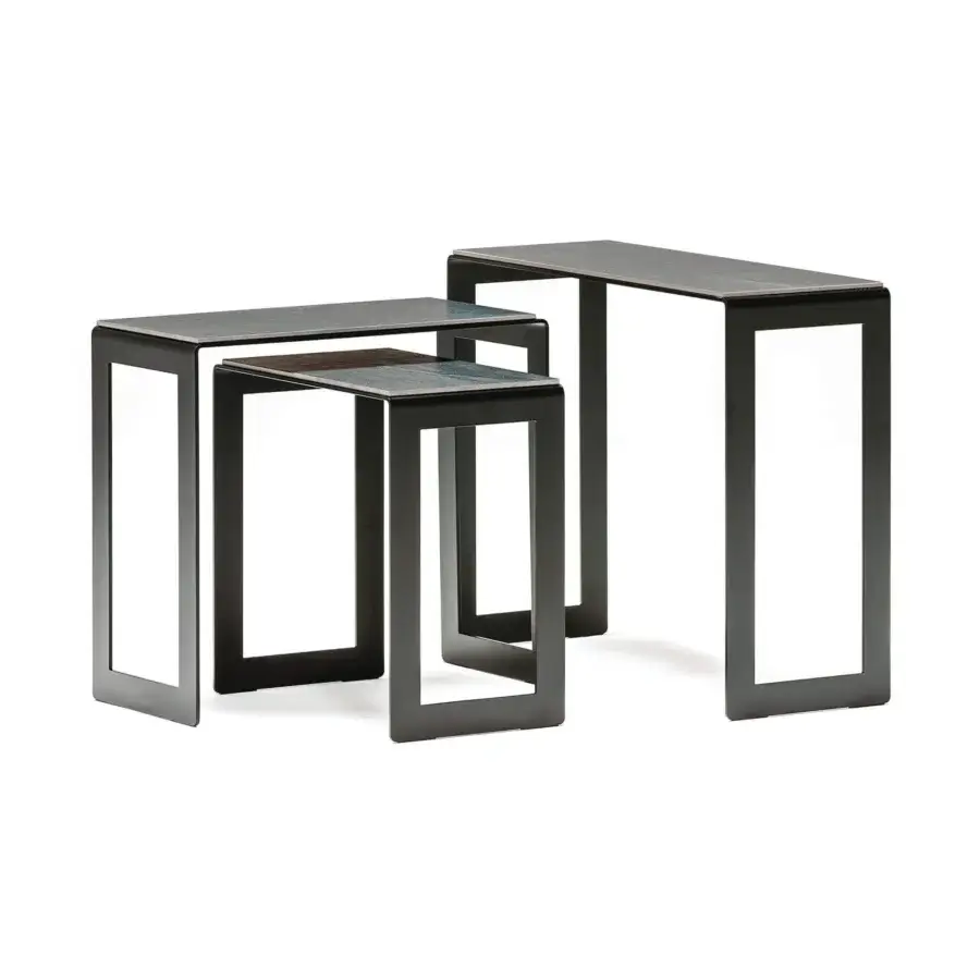 Exceptional Cattelan Italia Kitano side table with graphite painted steel and ceramic displaying marble finishes in greyish-brown and bluish tints