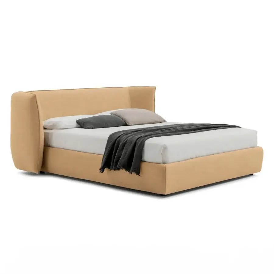 Exceptional Bolzan Letti Jill bed crafted with a light tan textile and matte finish, presenting soft shapes with a firwood structure