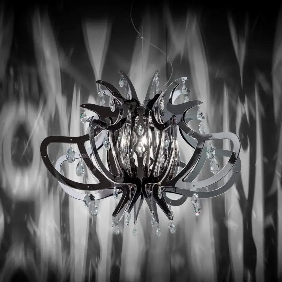 Elegant Slamp Medusa suspension lamp in crystal-like technopolymers with dark chrome-like metal and glossy finish