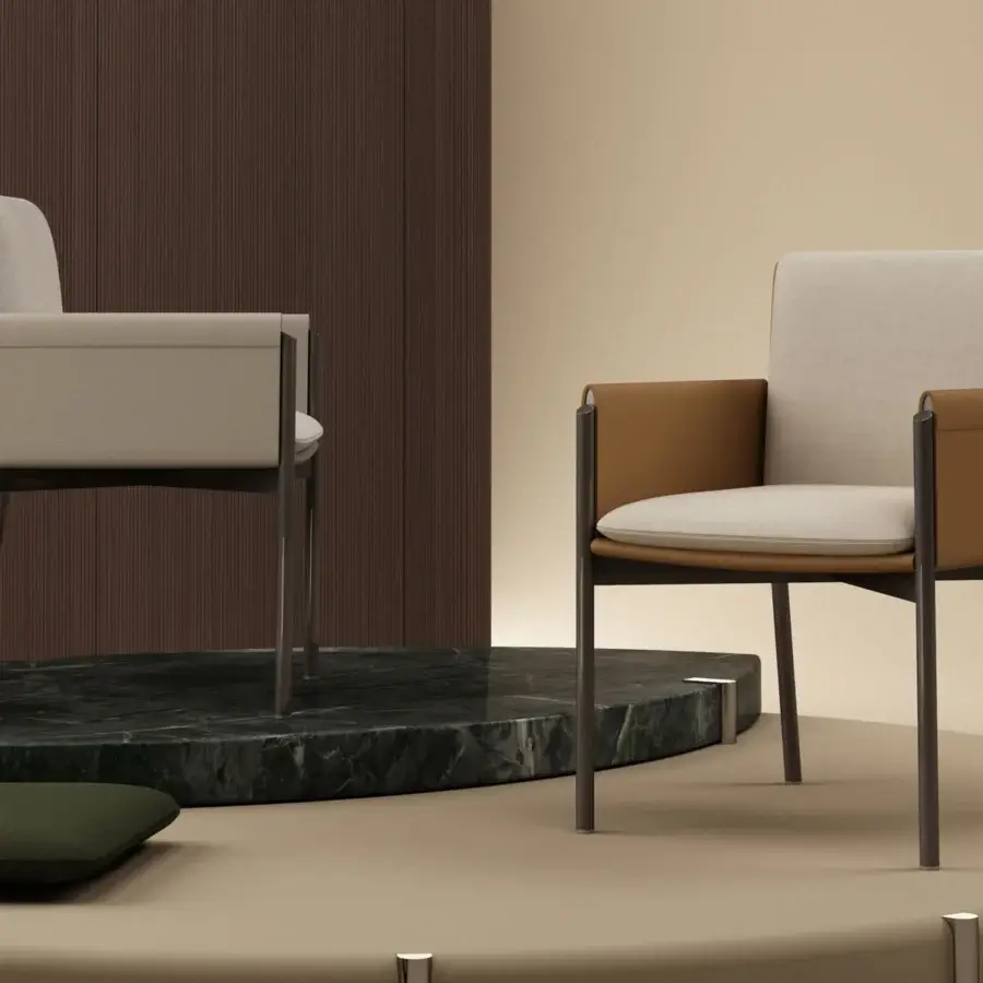 Exceptional Turri Zenit armchair with light beige textile upholstery and contrasting brown leather armrests
