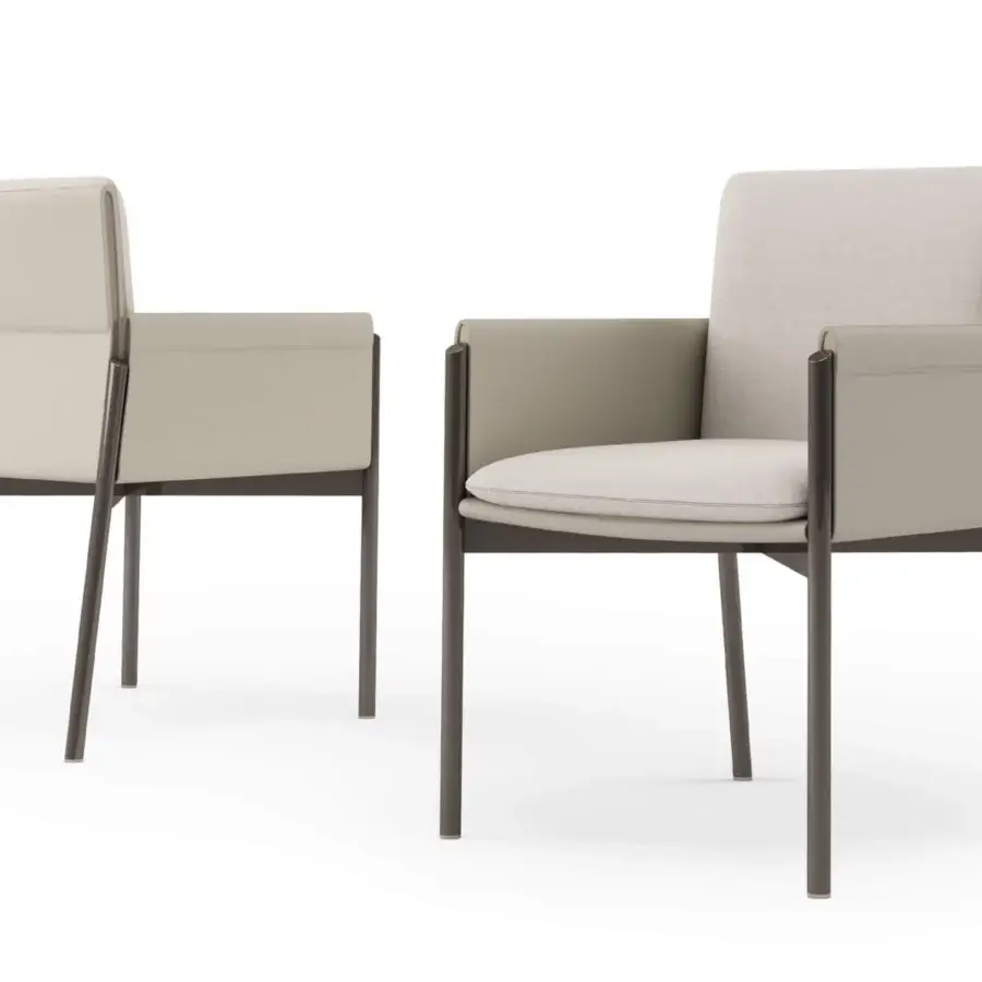 Superior Turri Zenit armchair with light beige textile and dark synthetic material clad metal frame