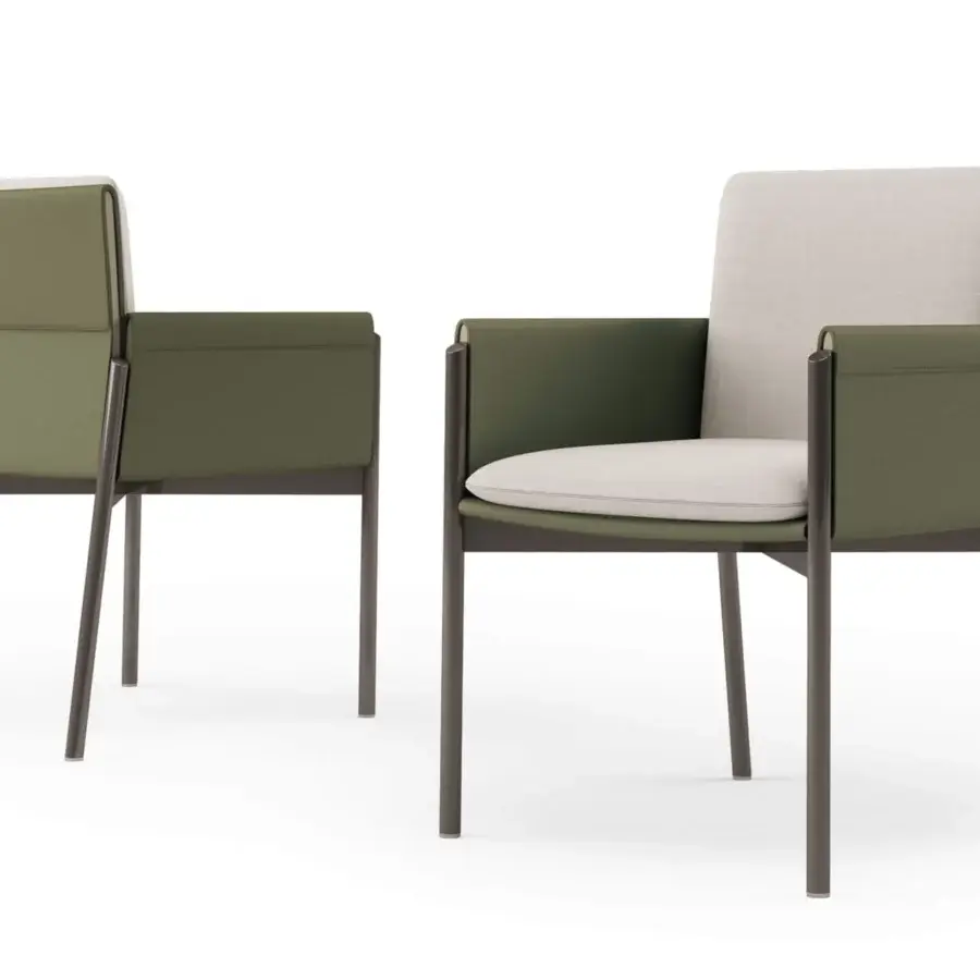 Exclusive Turri Zenit armchair with olive green leather and beige fabric cushions, built with thin metal legs