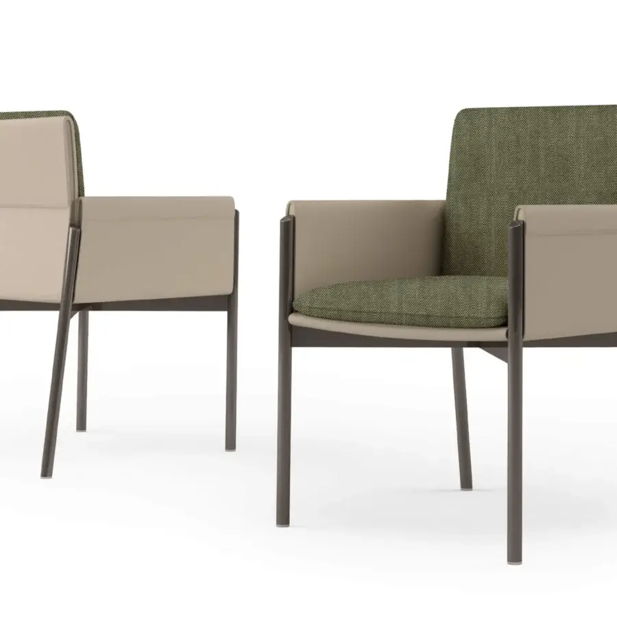 Exceptional Turri Zenit armchair with light beige leather and olive green textured textile cushions, built with matte metal legs