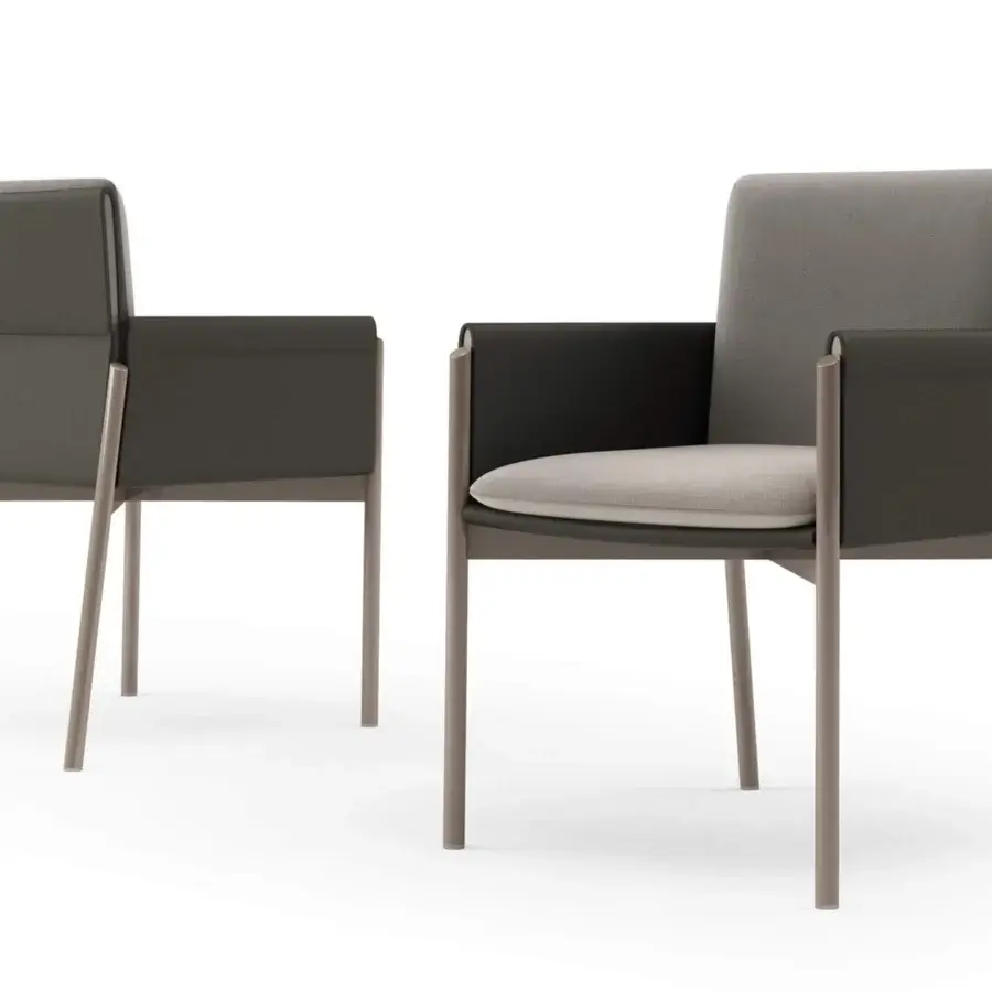 Exclusive Turri Zenit armchair with comfortable light gray textile cushions and darker gray cladding with matte metal finish