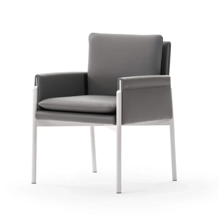 Distinguished Turri Zenit armchair with thin white-finished metal legs and comfortable gray upholstery crafted in Italy